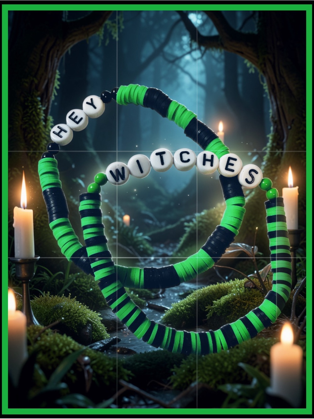 2 piece- Hey Witches Green and Black Clay Beaded Bracelet set -
